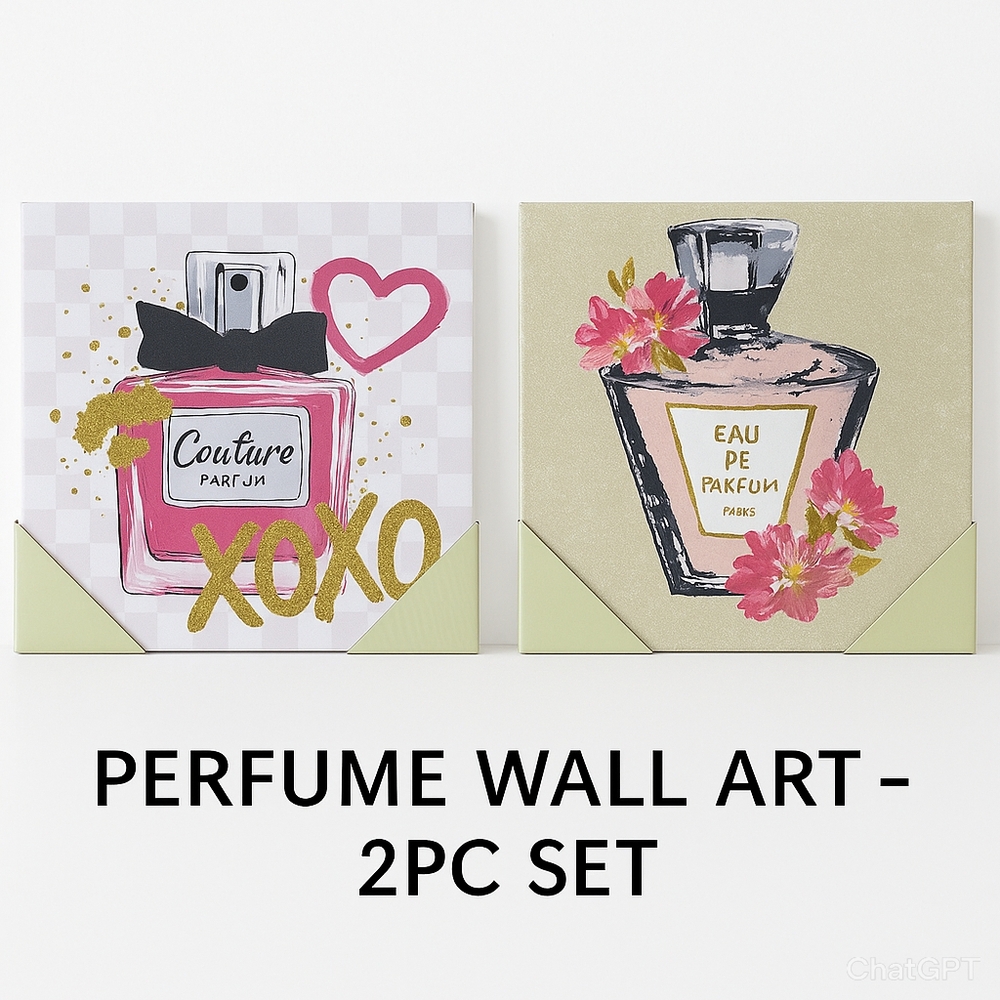 Glam Perfume Bottle Canvas Wall Art Set (2) - Pink Gold Glitter Couture Paris